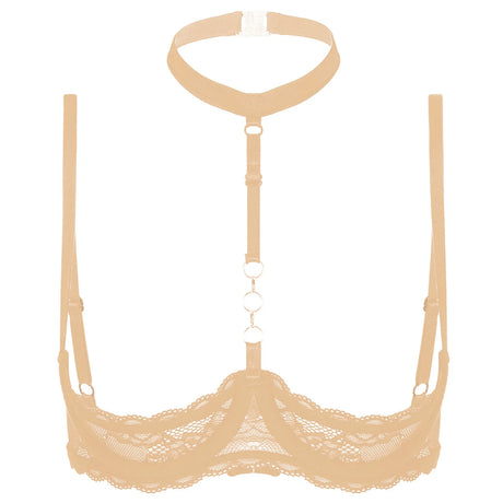 Womens 1/4 Cups Underwire Bra Halter Neck O Ring See Tthrough Lace Push Up Brassiere Sexy Lingerie Breast Open Bras Underwear