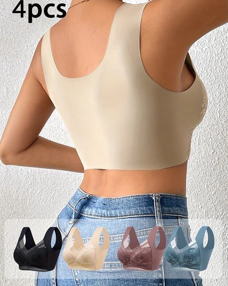 FINETOO 4Pcs Plus Size Sexy Crop Tank Top Seamless Bra Push Up Women Bras Wireless Bralette Femme Underwear Sports Lace Lingerie