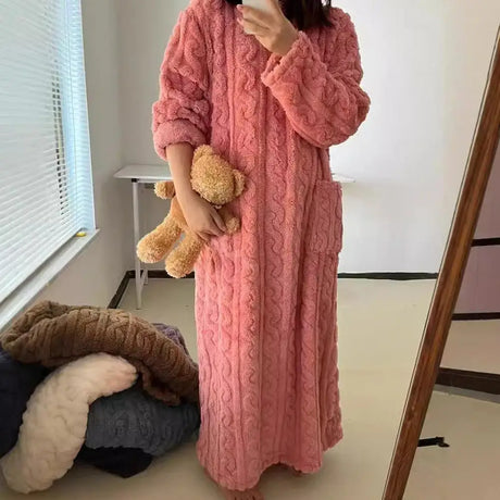 Winter Long Sleeve Double Pocket Flannel Nightgowns Women Loose Solid Sleepwear Jacquard Night Dress Thickened Warm Nightdress