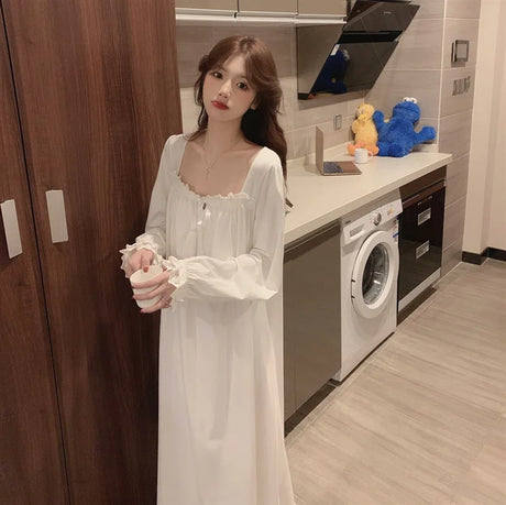 Long Sleeve Princess Style Nightdress Women's Pajamas Lace Palace Korean Version Loose Plus Size 2024 New Homewear Birthday Gift