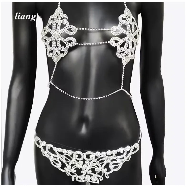 Bikini Crystal Chest Chain Suit Fashion Sexy Three-point T-ShapedPants Body Chain Girls Sexy Underwear Chain Bra Chain Underwear