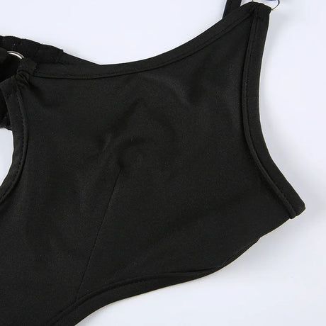 Women's Black Sleeveless V-Neck Spaghetti Strap Bodysuit Hollow out Rave Goth Outfit Back Hook Closure Punk Top