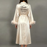 Custom Name Bride Robe Satin Feather Bridesmaid Robes Personalized Wedding Morning Gown Bachelorette Party Bathrobe