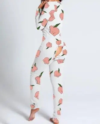 Sexy Pyjama Women's Long Sleeves Homewear Suit Button-Down Front Back Butt Bum Open Ass Flap Jumpsuit Loungewear Christmas Print