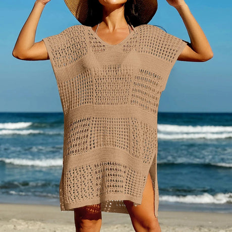 Knitting V-Neck Sexy Hollow Out Beach Bikini Cover-Ups Ladies Summer Vacation Casual Loose Beachwear Sunscreen Smock