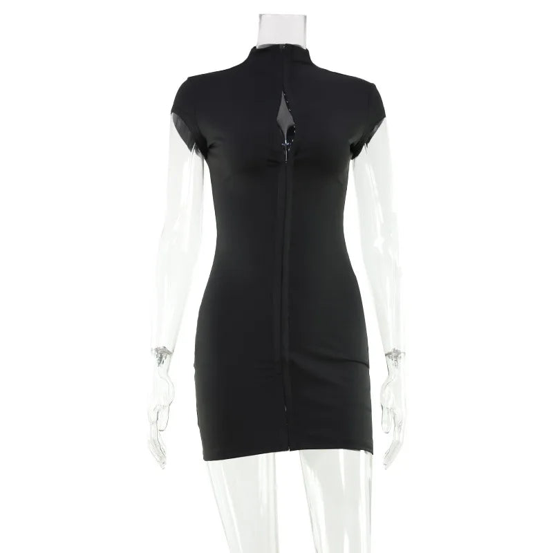 Sexy Black Hollow Out Mini Dress Fashion Women's Turtleneck Short Sleeve High Waist Slim Dresses Lady Evening Club Fashion Robes