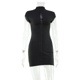 Sexy Black Hollow Out Mini Dress Fashion Women's Turtleneck Short Sleeve High Waist Slim Dresses Lady Evening Club Fashion Robes