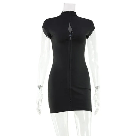 Sexy Black Hollow Out Mini Dress Fashion Women's Turtleneck Short Sleeve High Waist Slim Dresses Lady Evening Club Fashion Robes