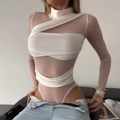 New 2026 White Bandage Bodysuit Women Mesh Transparent Sexy Slim Stretchy Jumpsuit Top T-shirt Long Sleeve Design 66005
