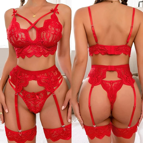 3pcs Sexy Lingerie Women Bra Panty Garters Set See Through Lace Underwear Erotic Lingerie Sets Sexy Women's Bra Porno Costumes