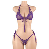 Women's Sexy Pink Mesh Underwear High Elasticity Fishnet Hollow Out Three Piece Open Crotch Babydoll Set Exotic Lingerie
