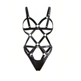 Women's PVC Faux Leather Glitter Cupless Crotchless Halter Teddy Bodysuit Lingerie