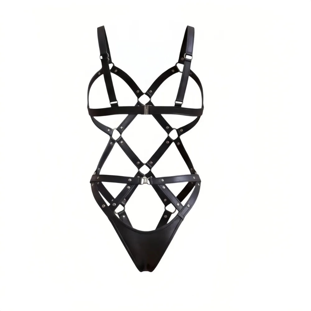 Women's PVC Faux Leather Glitter Cupless Crotchless Halter Teddy Bodysuit Lingerie