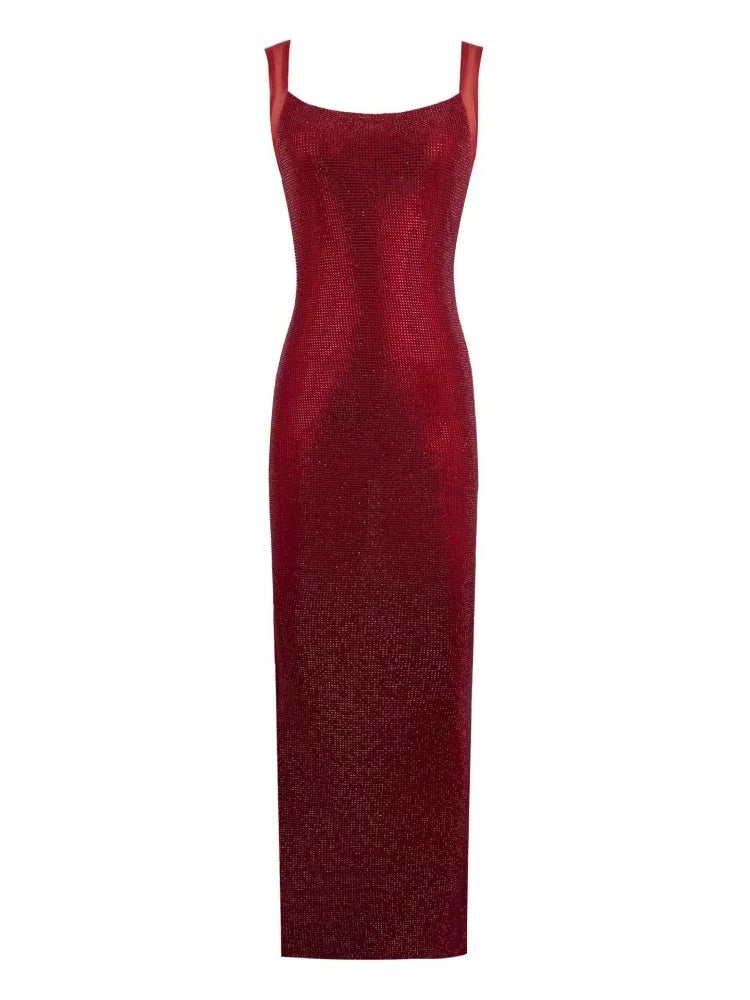 Sexy Square Collar Mesh Patchwork Diamonds Long Dress Women Backless Shiny Rhinestone Slim Dresses Evening Party Cocktail Gowns
