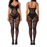 Sexy Lace Up Women Patterned Black Jumpsuit Sheer Suspender Bodystocking Geometric Cutout Slim Fit Lingerie