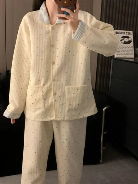 Thickened Air Cotton Sleepwear Set for Women Autumn Winter Polka Dot Home Clothes Korean Style Cute Girl Long Sleeve V-Neck