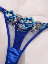 Women Royal Blue Floral Embroidery Lingerie Set Satin Sheer Mesh Underwire Bra & Thong Intimate Underwear ZA825146