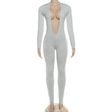 2025 Autumn Solid Backless Skinny Jumpsuits Women Sexy Deep V Neck Long Sleeve Slim Fitness Overalls Clubwear Street Rompers