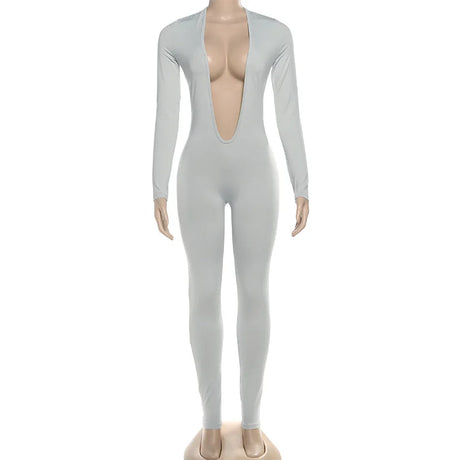 2025 Autumn Solid Backless Skinny Jumpsuits Women Sexy Deep V Neck Long Sleeve Slim Fitness Overalls Clubwear Street Rompers
