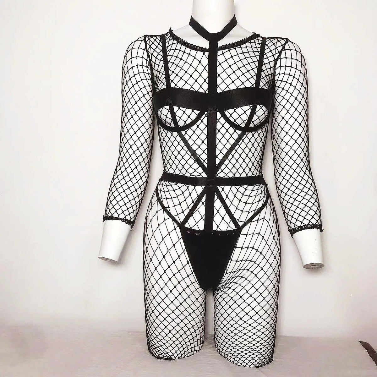 Long Sleeve Fishnet Crotchless Bodysuit Open Cup Harness Sheer Mesh Full Body Stocking Lingerie Catsuit Women Black Pink