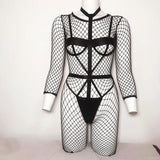 Long Sleeve Fishnet Crotchless Bodysuit Open Cup Harness Sheer Mesh Full Body Stocking Lingerie Catsuit Women Black Pink