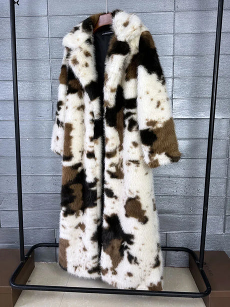 ZADORIN 130cm Long Thicken Lapel Cow Print White Brown Faux Fur Coat Woman Clothing Luxury Fluffy Jacket Winter Fur Coats Woman