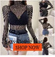 Sexy Women T Shirt See Through Mesh Black Long Sleeve Bodysuit Sheer Slim Turtleneck Tulle Crop Top T-Shirt Transparent Clubwear