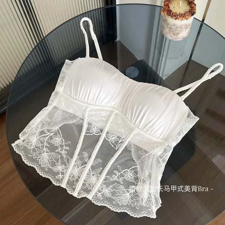 Women Elegant French Longline Lingerie, Lace Satin Wireless Bra, Push Up Sexy Open Back, Luxury Bridal Underwear Fit Small Bust
