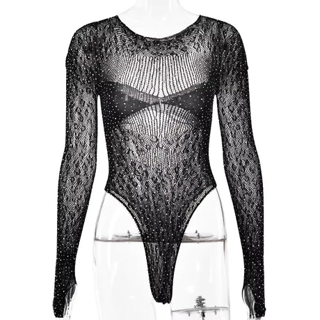 Women Slim See Through Long Sleeve Romper Tops Shiny Rhinestone Tshirt Bodysuit Party Club Hollow Out Wrap Overalls Tops