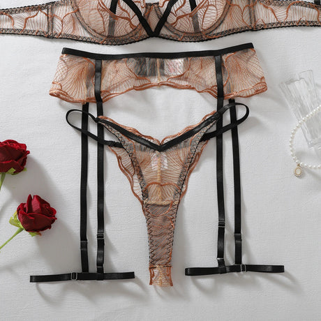 Diccvicc Sexy Bronze Embroidery Lingerie Set Sheer Mesh Contrast Black Harness Bra Garter Belt Women Elegant Intimate Underwear