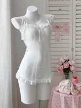 Ellolace Romantic Women's Casual Dresses Tempted Solid Sheer Cute Dress Thong 2PC Set Innocent Bownkow Decor Ruffled Sleepwear