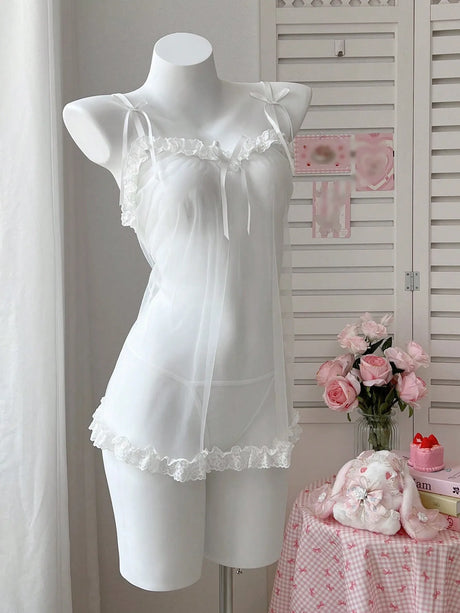 Ellolace Romantic Women's Casual Dresses Tempted Solid Sheer Cute Dress Thong 2PC Set Innocent Bownkow Decor Ruffled Sleepwear
