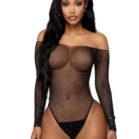 One Piece Lingerie Sexy Shimmering Mesh Bodysuit Sheer Long Sleeve Off Shoulder Glitter for Bedroom Honeymoon Romantic Nights