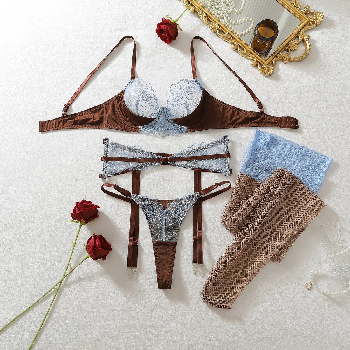 Diccvicc Women's Blue Lace Lingerie Set Brown Underwire Bra Garter Belt Thong Stockings See Through Hot Luxury Fashion Underwear