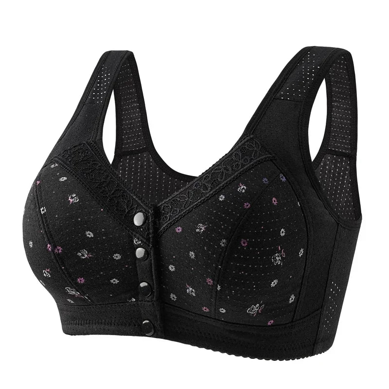 FallSweet Front Closure Cotton Bra for Women Plus Size Seamless Wireless Sports Bras Thin Underwear for Middle-Aged & Elderly