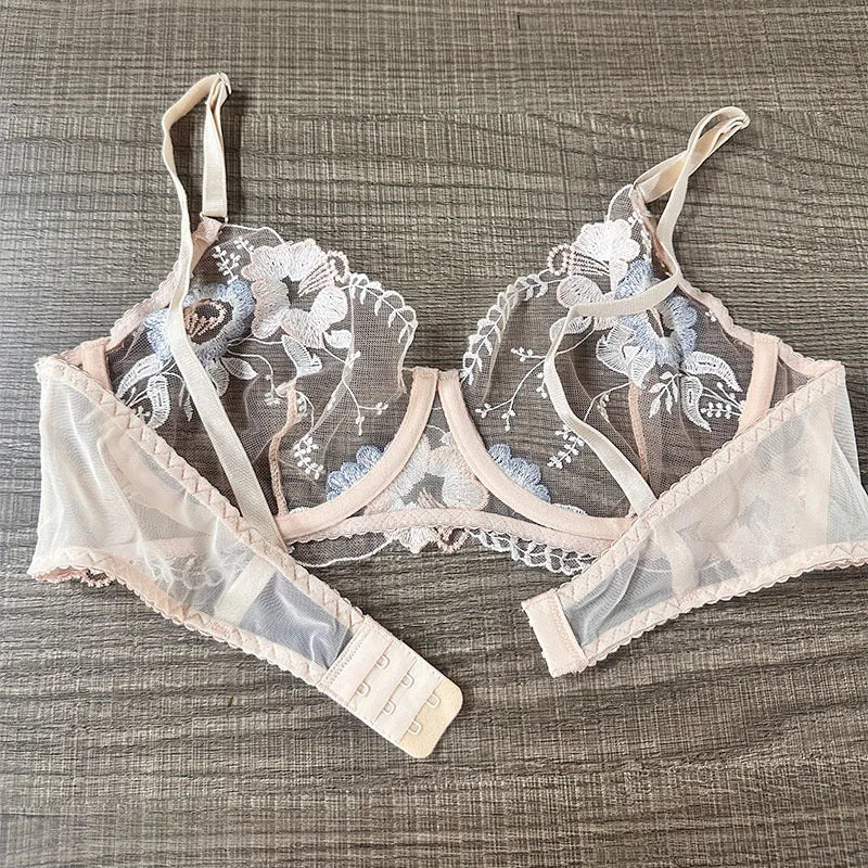 M-XL Luxury Ladies Underwear Floral Embroidery Ultrathin Transparent Lingerie Sets For Women Sexy Push Up Gather Bra Panties