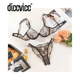 Diccvicc Sexy Bra 2 Pieces Leaf Inspired Lace Pattern Sheer Mesh Low Rise Panty Women Underwear Set See Through Daring Lingerie