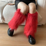Furry Leg Warmers Women Sweet Lolita Leather-Buckle Plush Leg Covers Y2k Hottie Subculture JK Long Socks Punk Gothic Foot Covers