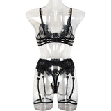 Luxury Floral Embroidery Lace Women's Lingerie Sets Seductive Jewel Strap Sheer Push Up Bra Panty Garter Belt 3PC Sexy Underwear