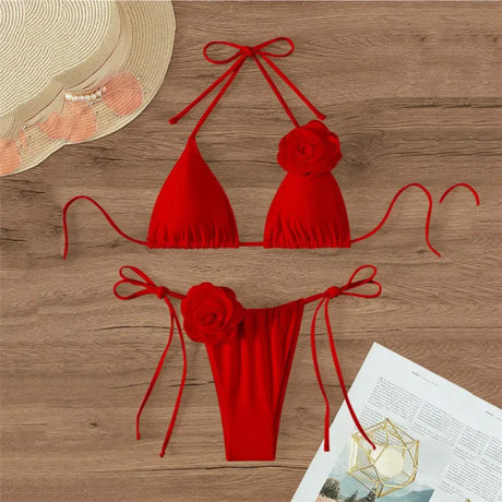 Sexy Flower Bandeau Swimwear Thong Bikini 2026 Women Lace-up Swimsuit Swimming Bathing Suit Brazilian Bikinis Sets Mujer Biquini