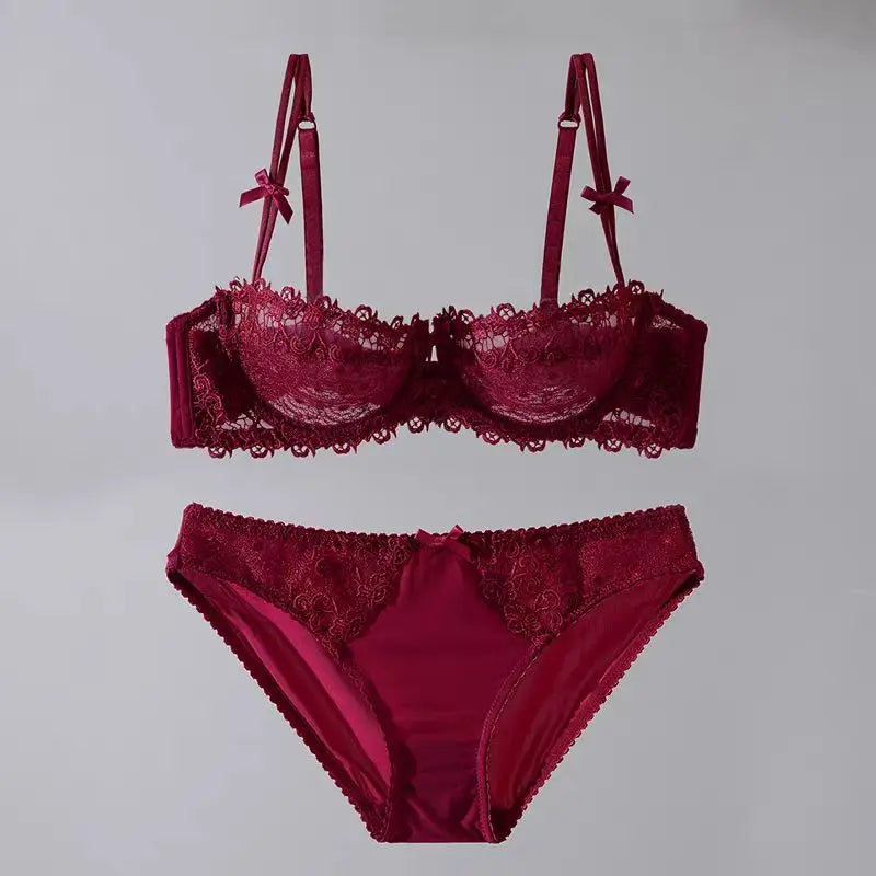 European Lace Bra Set Ultra-Thin Semi-Transparent, Half Cup Pure Desire Bras for Small Chest, Anti-Sagging Comfortable Underwear