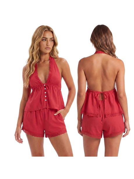 Women Summer Casual Outfit Lace Trim Halter Babydoll Tops and Shorts Solid Color 2 Pieces Sets
