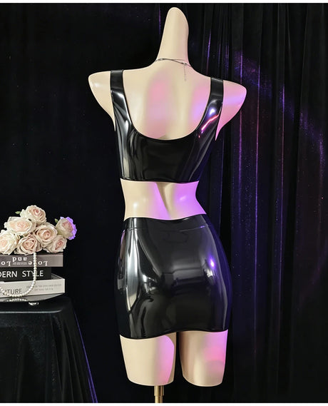 Sexy Women's Latex Clothing PU Elastic Hip Short MINI Skirt Shiny Maid Erotic Latex Top Intimate Lubrication Porn Costume