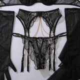 Romantic Women's Lingerie Intimate Sets Elegant Chains Bra Belt Thong 3PC with Gloves Stockings Shiny Intimate Honey Underwear