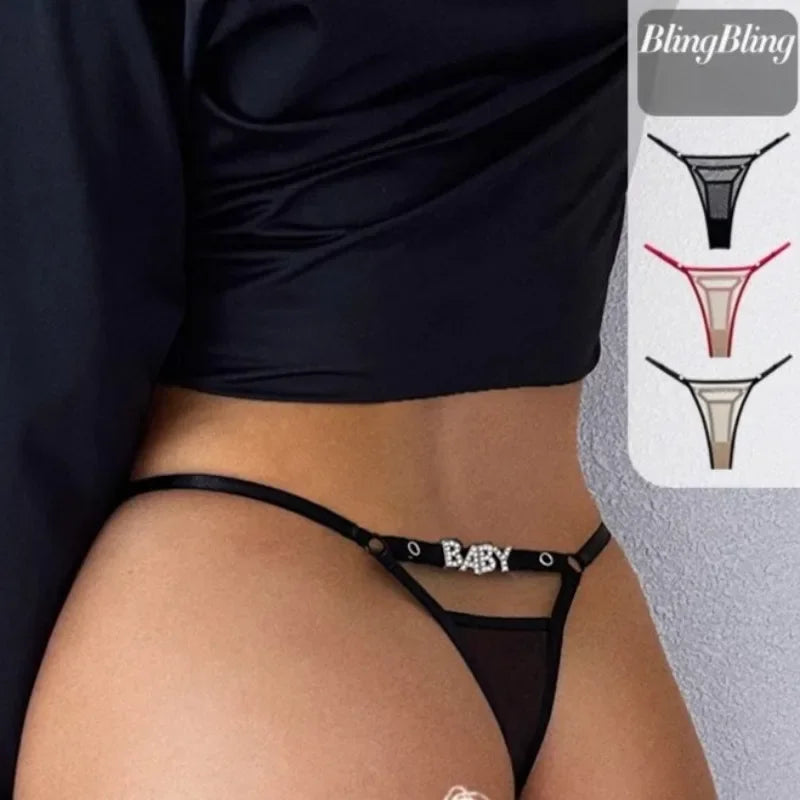 Baby Rhinestone Letter Sexy Thongs Women's Mesh Breathable Thin Perspective Underwear Low Waist Hollow Out Erotic Briefs String