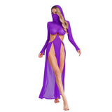 Women Wet Look Mesh Maxi Dress with Hooded Cosplay Sexy High Slit Lingerie Face Mask Long Sleeves Hollow Out Sheer Nightdress