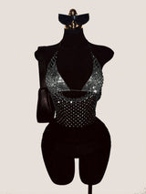 ling Pink Crystal Net Vest with Sequins Women Deep V Neck Dance Clubwear Trendy Fashion for Nightclub Bikini Cover Up