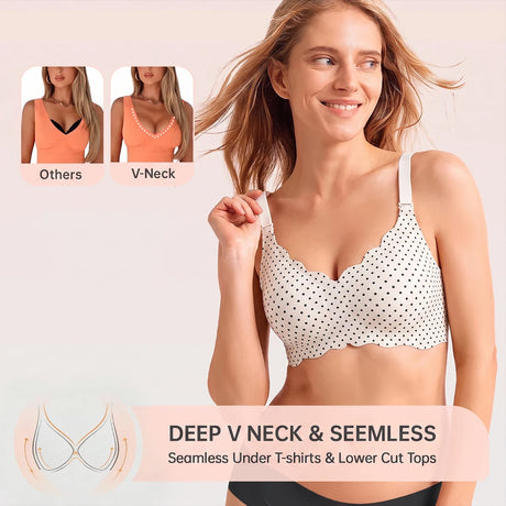 Bras for Women No Underwire Scalloped Wireless Push Up Bra Seamless Full Coverage Supportive Plus Size Tshirt Bra, Soft Breathable Comfortable Bralette, Leopard & Polka Dot Print Ice Silk Bra