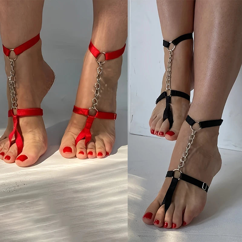 Chain Gothic Black Elastic Band Bandage Anklet Bracelet for Women Summer Barefoot Foot Belt for High Heel Sandals & Prom