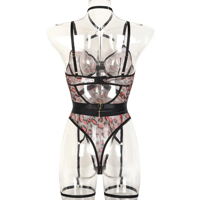 Leopard Print Strappy Bodysuit Blue Caged Harness Lingerie Sexy Mesh Sheer Teddy Underwire Erotic Lenceria Mujer